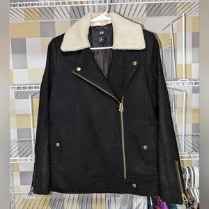 H&M black motorcycle winter jacket w/ removable sherpa collar | Size 8
